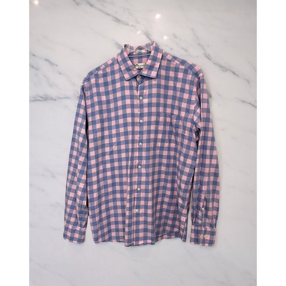 Peter Millar Shirt Mens L Seaside Finish Button Up Bluepink Gingham Plaid Pocket